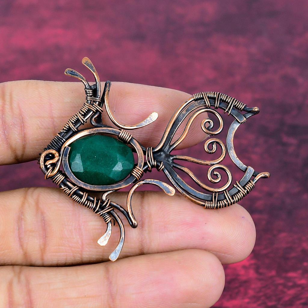 Faceted Zambian Emerald Pendant Copper Wire Wrap Gemstone Handmade Fish Jewelry