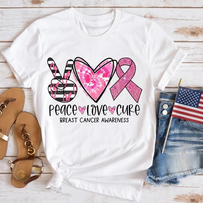 2025 New Peace Love Hope Breast Cancer Awareness TShirt Women Streetwear Tee Shirt Tops Summer ONeck Short Sleeve Women Tops S