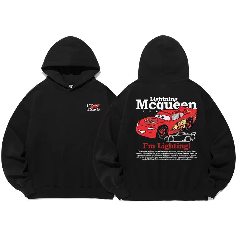 2025 New School Season Retro Lightning McQueen Print Sweater Autumn and Winter Cartoon Boys and Girls Loose Hooded Clothes