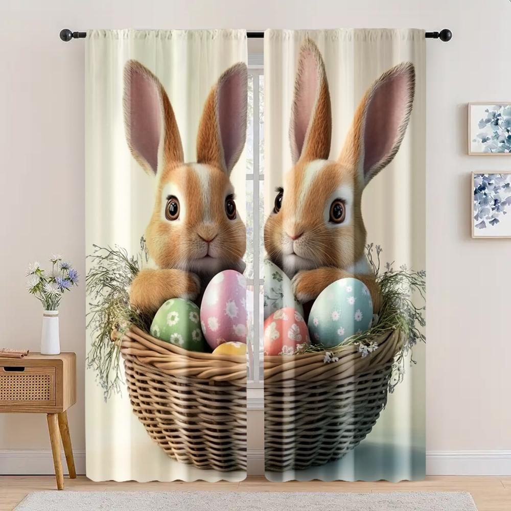 

Party Window Curtains Easter Bunny Basket Fabric Without Electricity Festive Holiday Perfect Indoor Curtain Polyester Machine Washable W100*H70(CM)-Rod Pocket&1PCS