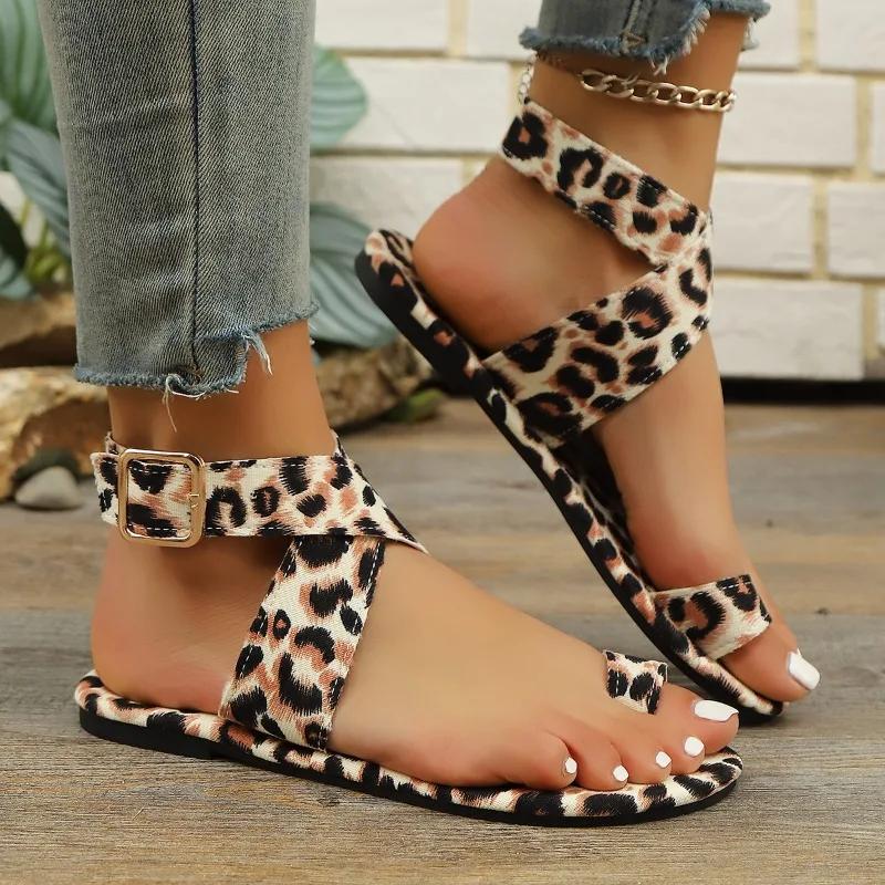 Fashion 2025 Summer Leopard Print Flat-bottomed Set of Toe Sandals One-word Buckle Belt Fashionable Outer Wear Large Size Women's Shoes