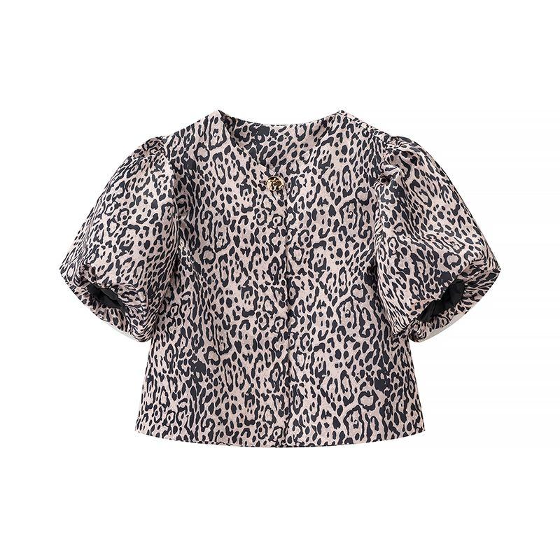 

Kaslead New Arrival Women s Clothing Fashion Style Fashion Casual Easiest for Match Puff Sleeves Short Sleeve Shirt Top Leopard print L