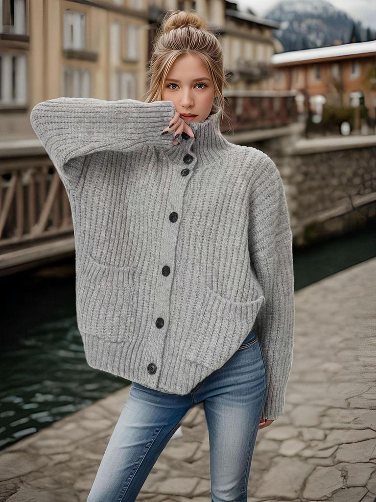 Autumn/Winter Women's Knit Cardigan with Stand-Up & Turn-Down Collar