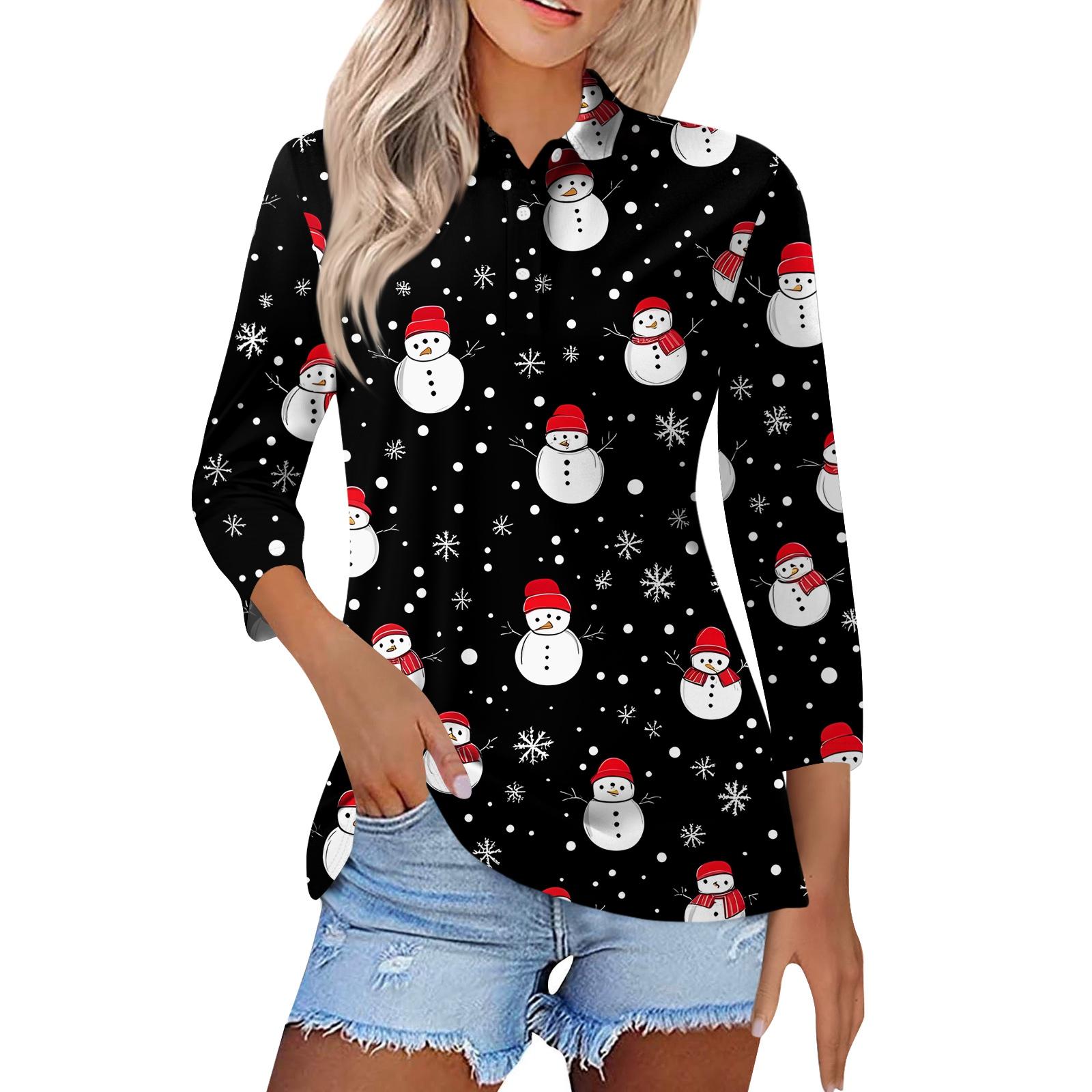 

Women s Fashion Casual Lapel Short 3/4 Sleeve Christmas Print Shirt Women s Button Up Tops L