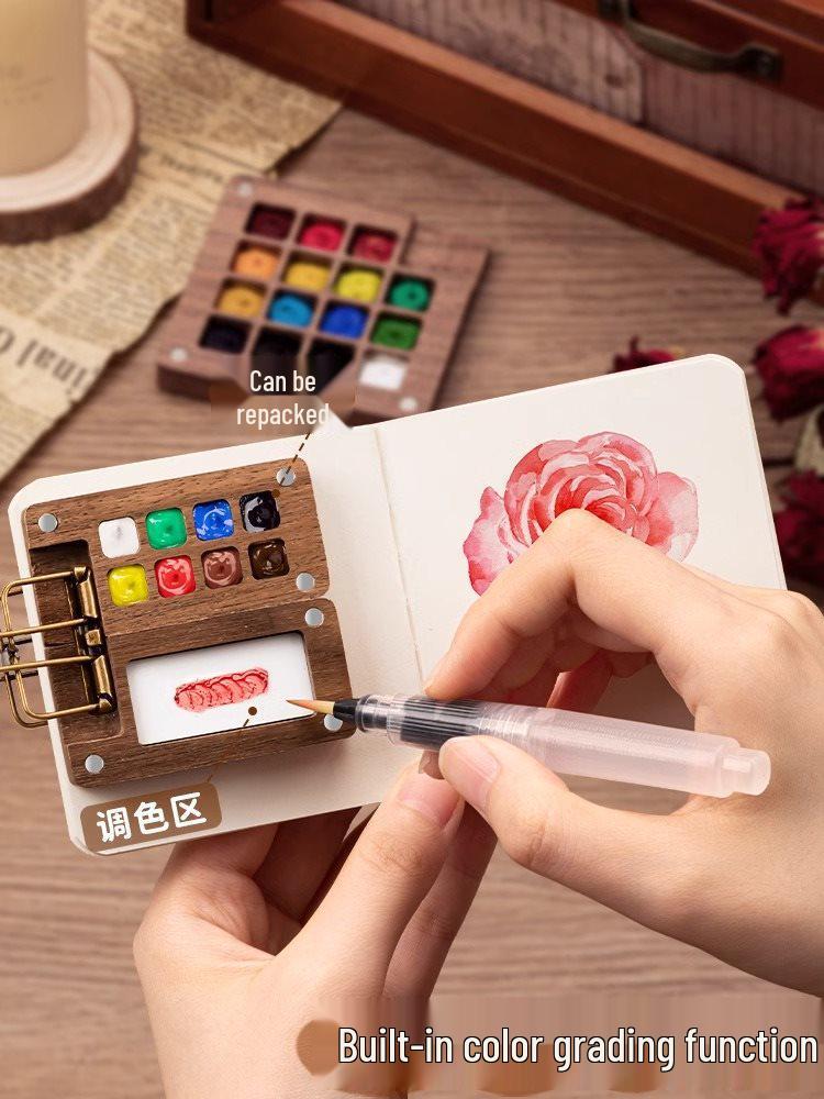 Children's Portable Watercolor Paint Set In Walnut Box