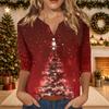 Women's Casual Fashion Christmas Print V-Neck Top with Decorative Buttons and 3/4 Sleeves
