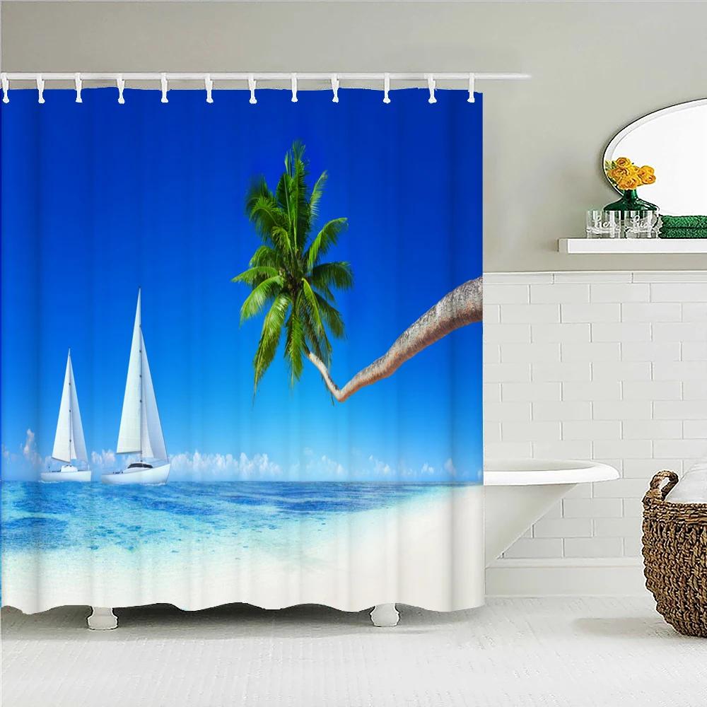 Sunny Beach Palme Meereslandschaft Stoff Duschvorhang Wasserdicht Polyester Badvorhänge für Badezimmer Dekorieren mit Haken
