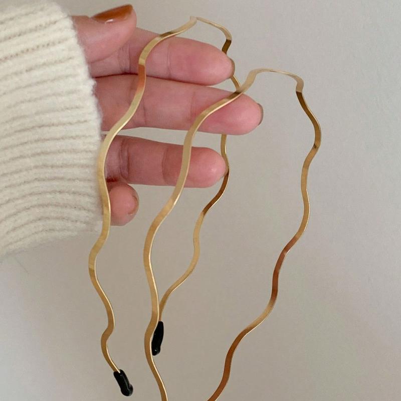 2pcs Fashionable Women's Gold-Colored Metal Wavy Hairband, Curved Headband, Geometric Thin Headband for Daily, Party, Elegant Headwear