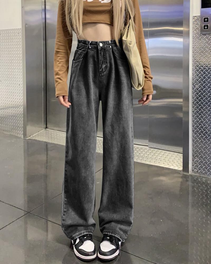 HIMATI Denim Jeans with Loose Wide Leg Comfortable Perfect for Commuting Gray M Women's High-Waisted Waist-Shaping Tucks, Fit, Jeans, Fit,