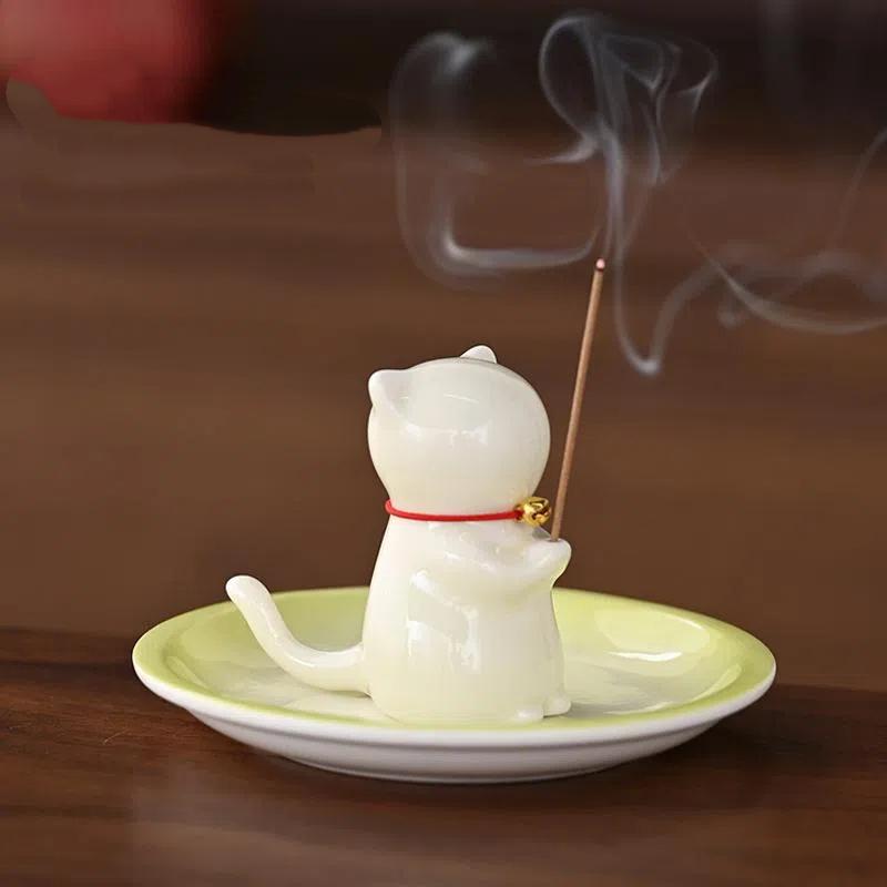 Cute Wishing Cat Ceramic Incense Burner Decoration Indoor Line Incense Holder for Tea Table | Temples Yoga Studios Home Decor