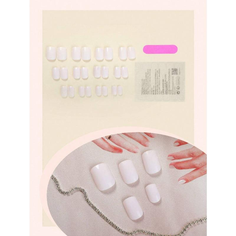 24pcs Short Square Solid Color False Nails, Simple Style, With 1pc File And 1pc Jelly Gel Press On Nails Nail Supplies