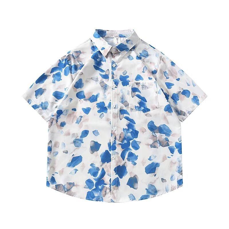 Summer vacation seaside blue shirt for men and women, trendy loose-fitting plus-size Hawaiian short-sleeve shirt