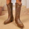 Fashion Women's Retro Western Embroidered Cowboy Boots Autumn Winter Chunky Heel Knee High Boots Woman High Tube PU Leather Botas Mujer