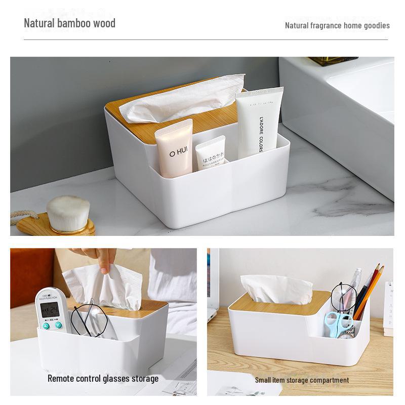 Wood Grain Tissue Box with Remote Control Holder and Pen Compartment for Coffee Table or Living Room Use