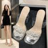 Pearl transparent word with thick heel crystal sandals high heel slippers women's summer wear new