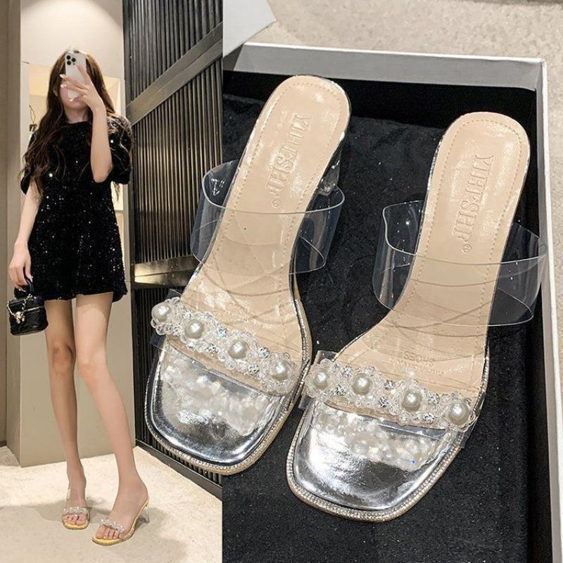 Pearl transparent word with thick heel crystal sandals high heel slippers women's summer wear new