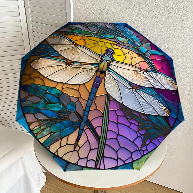 

1pc Stained Glass Dragonfly Artwork Umbrella with Plastic Handle,Suitable for All Seasons Home Travel Outdoor UmbrellaDD1068