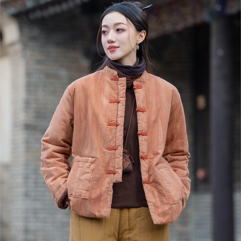 Johnature Chinese Style Winter for Women Stand Button Pockets Coats Winter Tie-dye Vintage Warm Coats