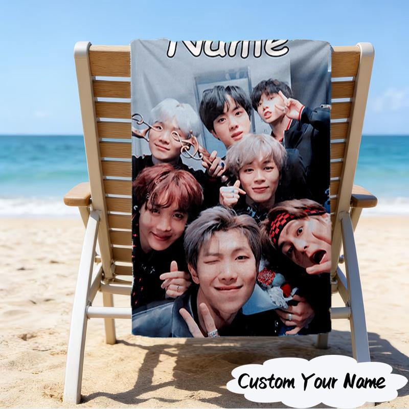 1PC Custom Name Beach Towel Kpop Group Beach Towel, Suitable for Camping, Travel, Beach Accessories, Super Absorbent, Family Gift