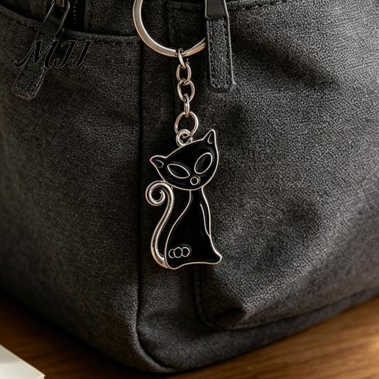 Metal Key Ring 2Pcs Black White Cat Keychain for Backpacks, Oil Dripping Enamel Kitten Ring, Bag Schoolbag Charm Decoration Accessories