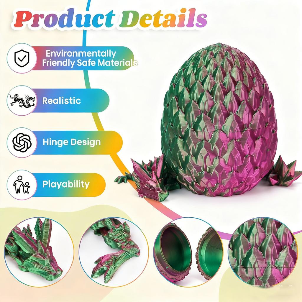 Set of 4 3D Dragon Statues, Dragon Egg Set, 130mm Length, Colored, Movable Joints, Creative Toy, Gift Choice