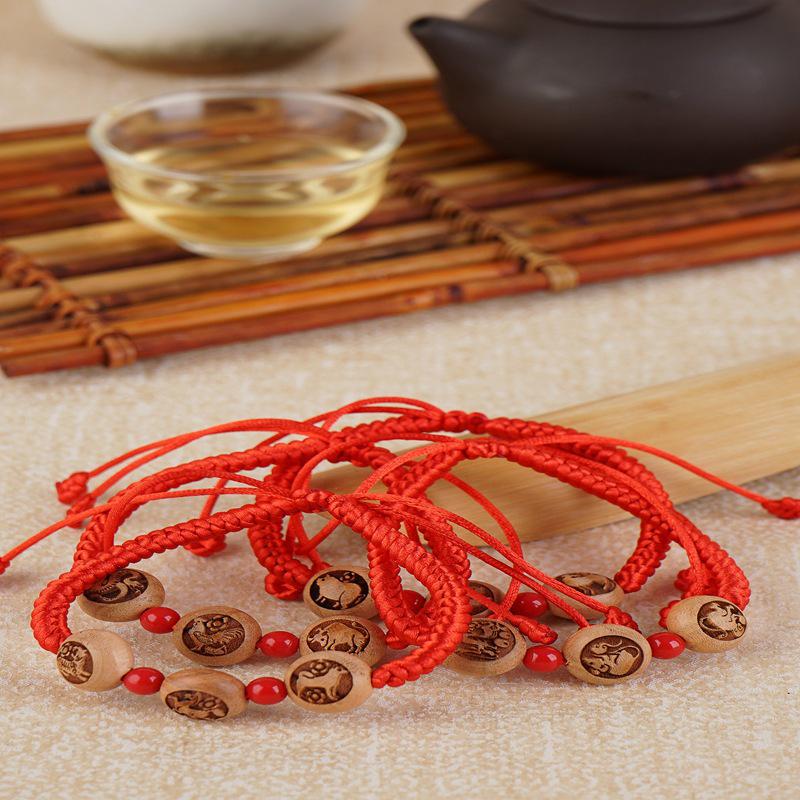 Peach Wood Carved Zodiac Bead Bracelet with Red String