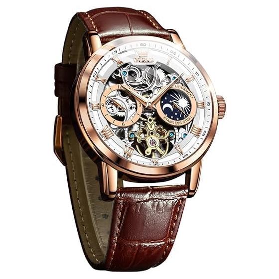 OLEVS Men s Mechanical Automatic & Manual Winding Leather Fashion Men s Watch Leather Skeleton Moon Phase Luminous Moon Waterproof watch for men