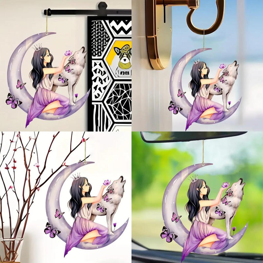 Acrylic Floral Moon Girl Wolf Butterfly Car Hanging Decor For Stylish Interior Decoration