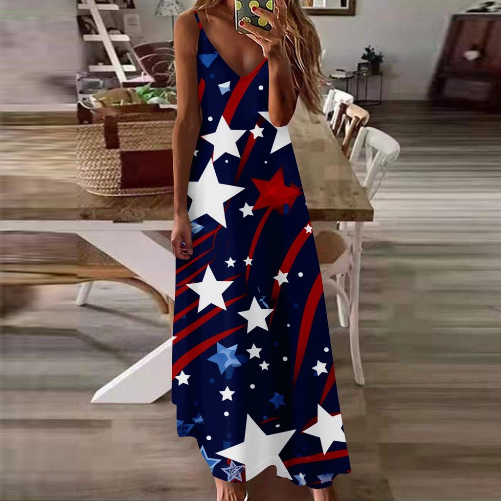 Women's Loose Independence Day Casual Slim V-neck Color Imitation Cotton Fashion Overalls Skirt