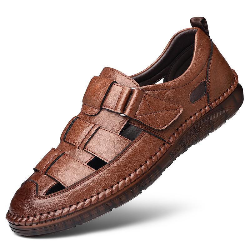 Men's Velcro Casual Closed-Toe Sandals with Hollow Design and Beef Tendon Sole