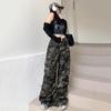 Women Cargo Pants Elastic High Waist Adjustable Drawstring Casual Trousers Camouflage Print Loose