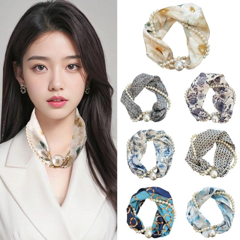 

Elegant Satins Neck Scarf Wrap with Pearls Chain Necklace and Buckle for Women Vintage Floral Silk Neckerchief