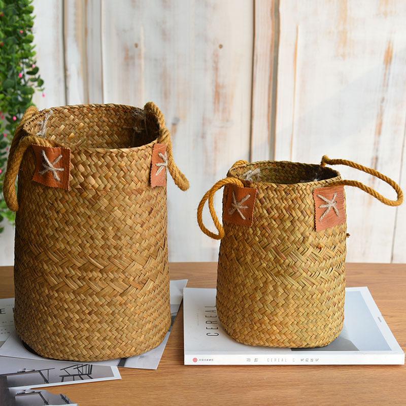 Natural Straw Flower Basket Flower Basket Ornament Bamboo Living Room Woven Flower Arrangement Hanging Portable Hanging Handmade Indoor Flower Basket