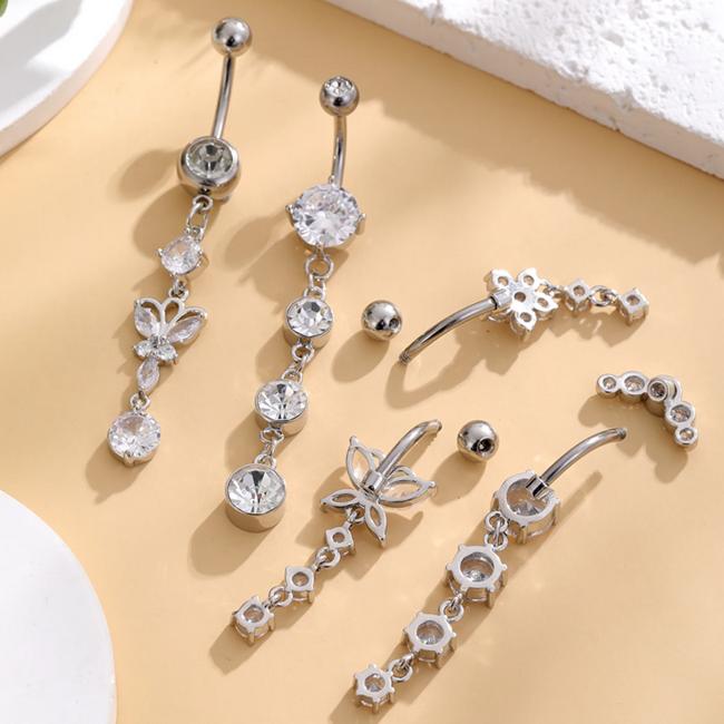 Sommerfugl hjerteformede navle ringsett rustfritt stål CZ mageringer Piercing Ombligo 14G rosa sirkon navlepiercinger