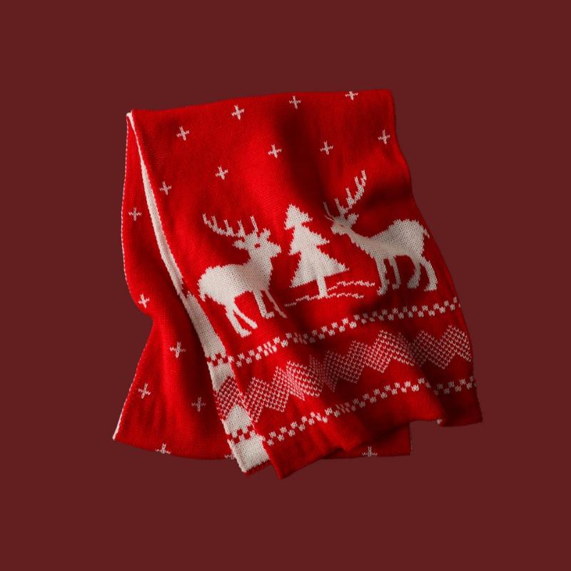 Versatile Christmas Knitted Wool Red Scarf Deer Elk Print Snowflake Warm Personality Couple Scarf Student