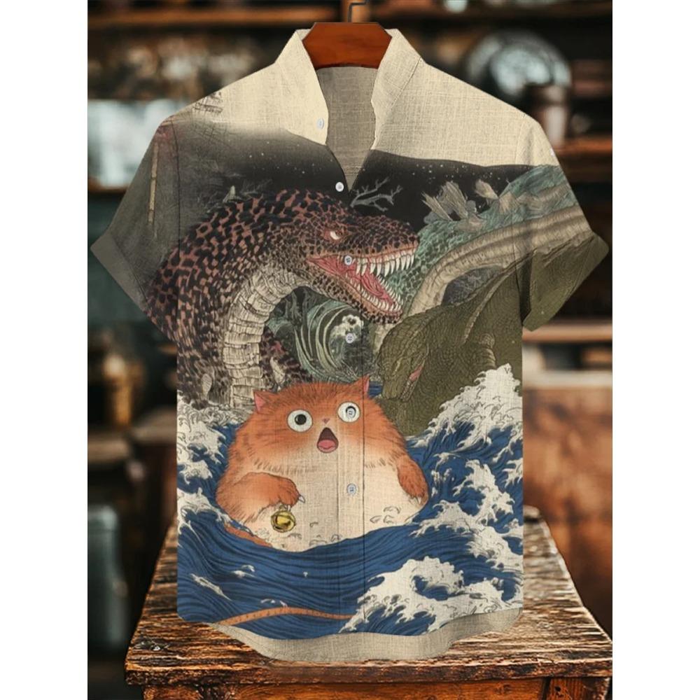 Animal Pattern, Fashion Trend, Street Outdoor, High-Quality And Comfortable Linen Men's Short Sleeved Casual Shirt