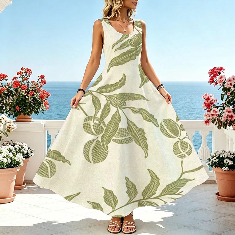 Women's Plant Series Beach Maxi Dress Sleeveless Cotton Loose Fit,Fresh & Versatile Vacation Dress