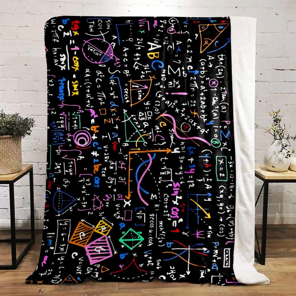 Colorful mathematical formulas, geometric shapes, and graphs on a black background. for all seasons blanket lunch break throw gift