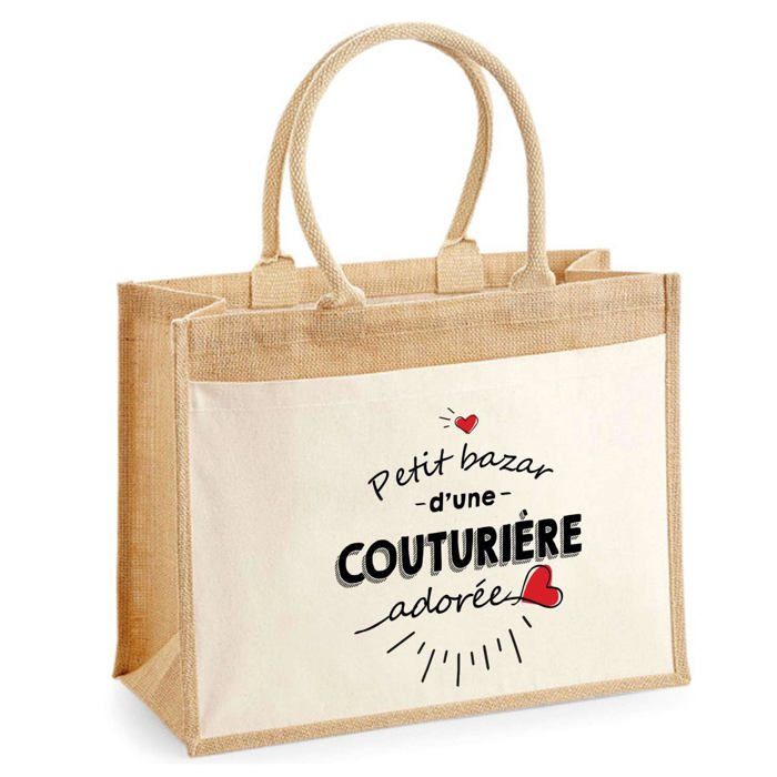 Sac de plage - PLANETEE - Jute avec poche « Bazar d'une Couturière adorée » - Coton - Multicolore - 43x33 cm