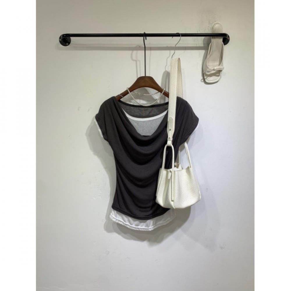 C S In The Room Women Layered Draped neCk Cap Sleeve T ShirT 3Color