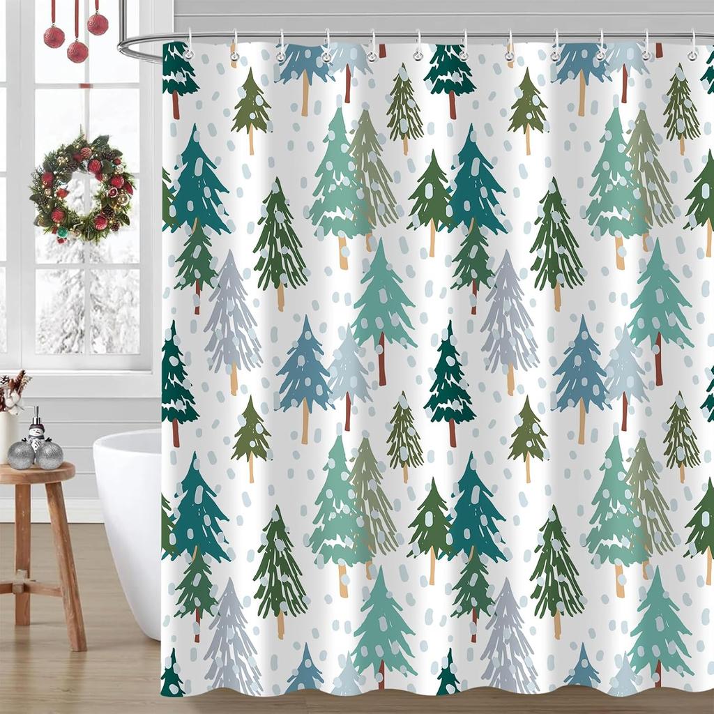 Christmas Tree Shower Curtain Winter Forest Pattern Snowflake Design Festive Decor Bath Accessories Waterproof Fabric150x210
