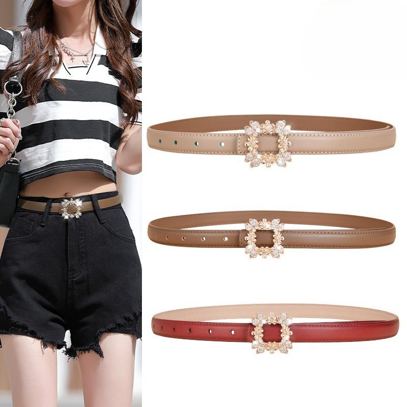 New Women's Belt Inlaid with Crystal Diamond Square Buckle Decorative Strap Versatile Women's Genuine Leather Smooth Buckle Belt