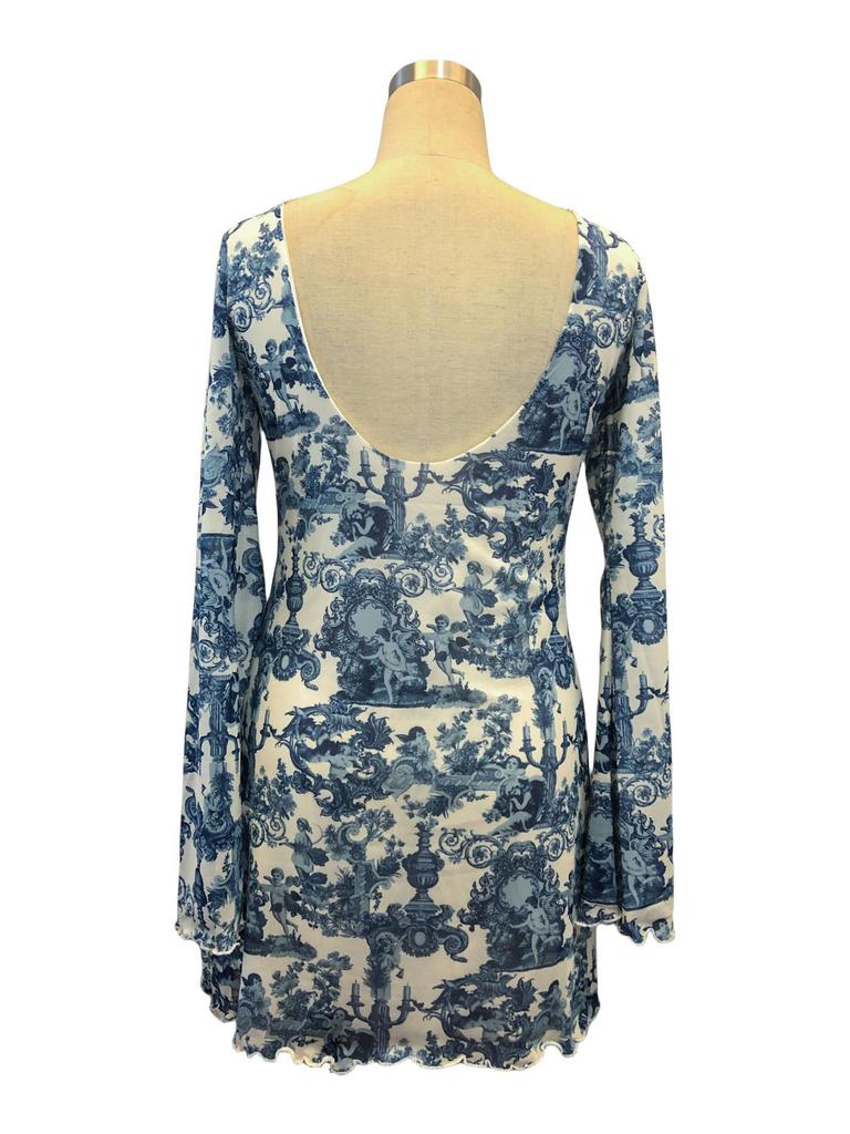 2025 Spring/Summer Women's Printed Flared Sleeve Backless Mesh Dress