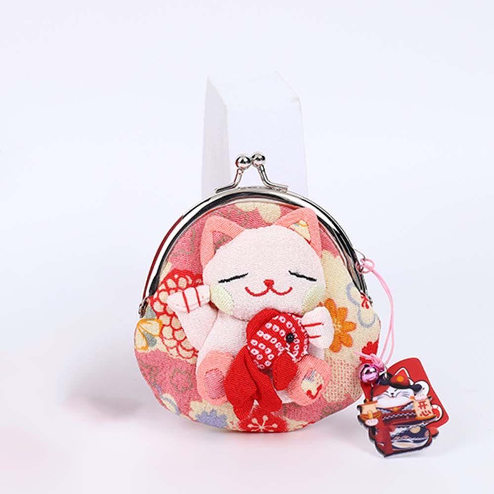 

Flower Printing Lucky Cat Clutch Bag Japanese Style Card Holder Maneki Neko Coin Purse Women рожевий