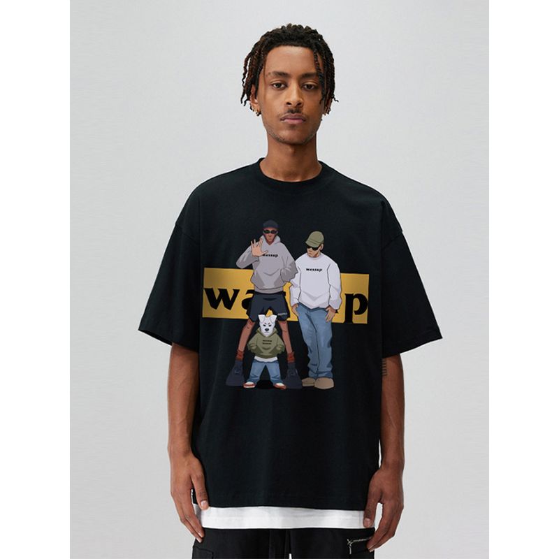 Wassup Heods Short-Sleeve T-Shirt for Men, Heavyweight American High Street Style, Trendy Brand, Ins Couple Half-Sleeve Summer Wear