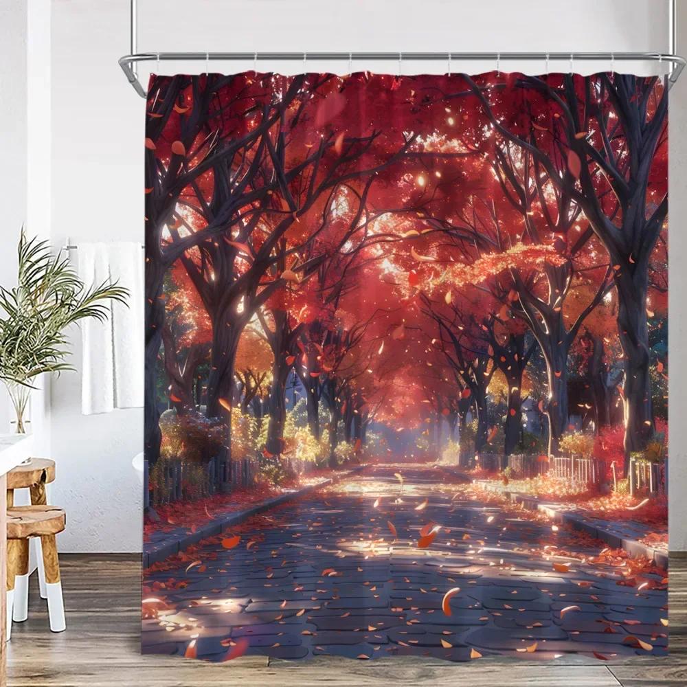 Autumn Landscape Shower Curtain Maple Forest Waterfall Landscape Tree Bathroom Decoration Polyester Bathtub Curtain