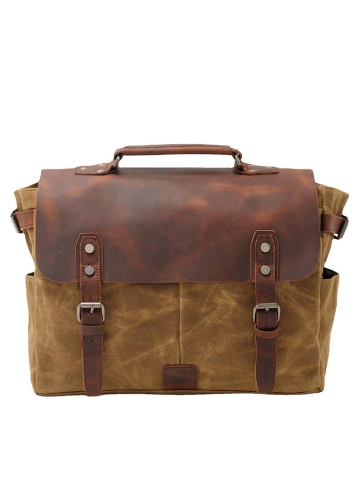 Vintage Oil Waxed Canvas with Crazy Horse Leather Briefcase European-American Men'S Bag Vintage Single Shoulder Crossbody Tote