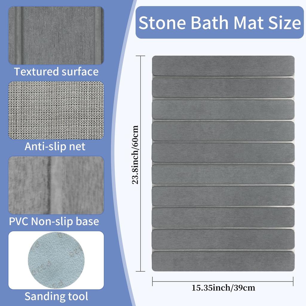Foldable Stone Bath Mat, Super Absorbent Diatomaceous Earth Mat, Non-Slip Quick Dry Bathroom Shower Mat - 23.6x15.5 Inch