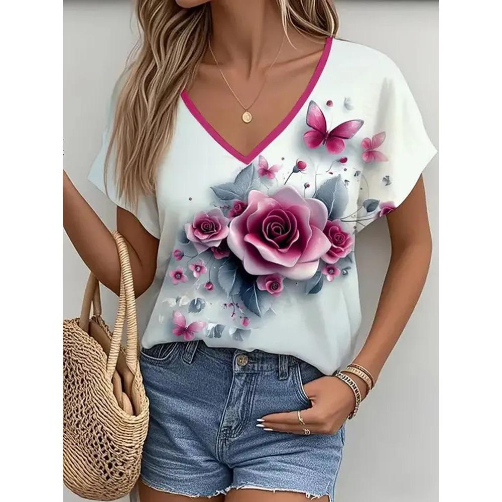 Summer Women Beautiful Flowers V Neck Casual Fashion Tops Comfortable Loose Short Sleeve T-shirt