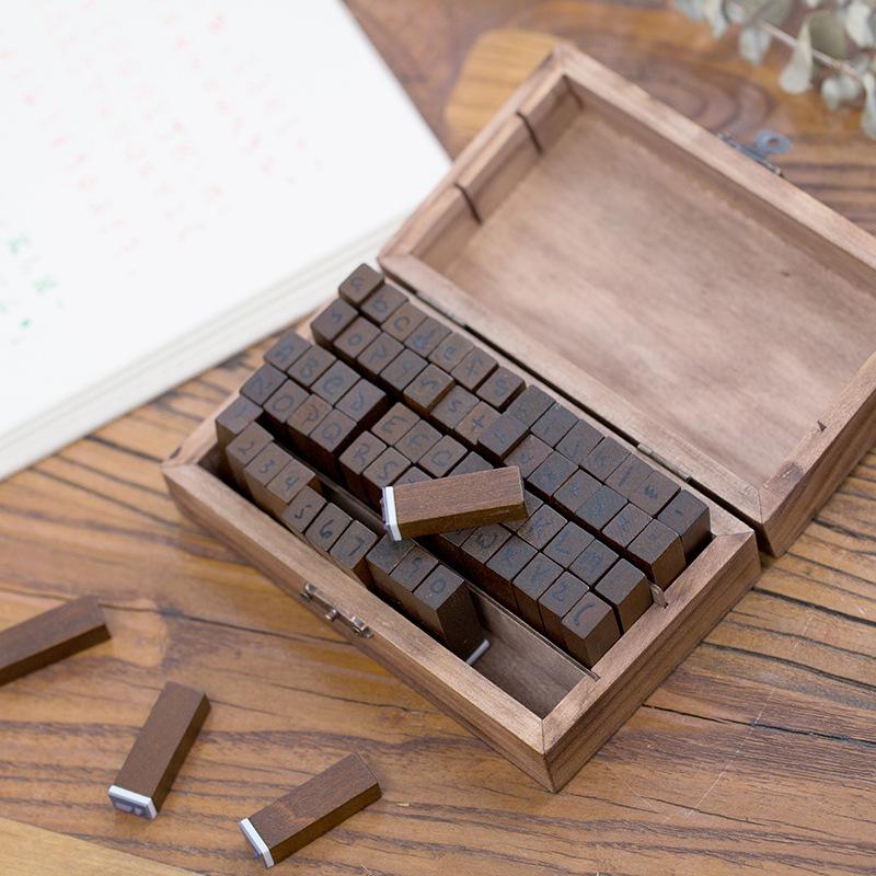 Retro Wooden Box Set: Uppercase & Lowercase English Alphabet and Number Stamps